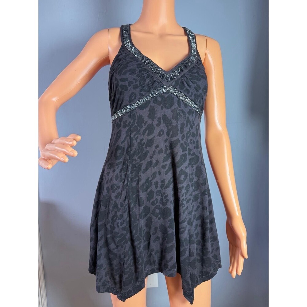 GUESS Women Dress M Gray Animal Print Beaded Neckline Clubwear Sleeveless Mini.